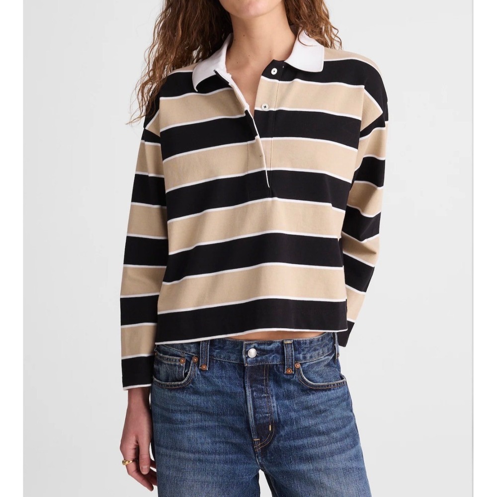 Madewell Womens Tan Black Stripe Rugby Polo Boxy Shirt M Medium New Preppy - Picture 1 of 8